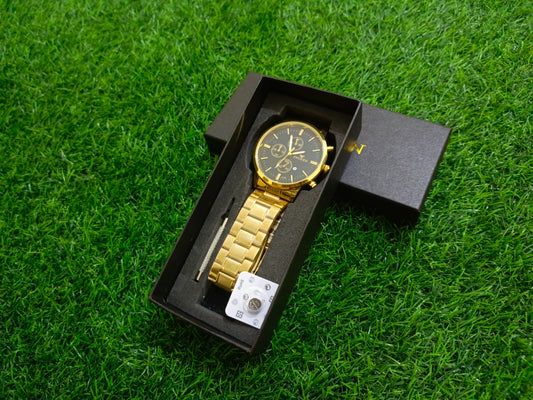 Fngeen Men's Watch with a Sleek Black Dial and Elegant Gold Straps